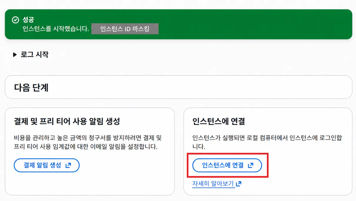 인스턴스 ID를 마스킹한 AWS EC2 생성 완료 화면