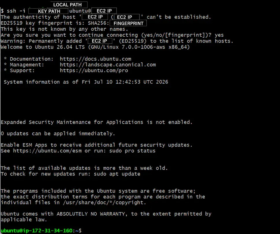 IP·키 경로·지문을 마스킹하고 Ubuntu EC2에 SSH로 접속한 터미널