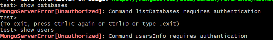 MongoDB 데이터베이스 조회 중 인증이 필요하다는 오류 메시지